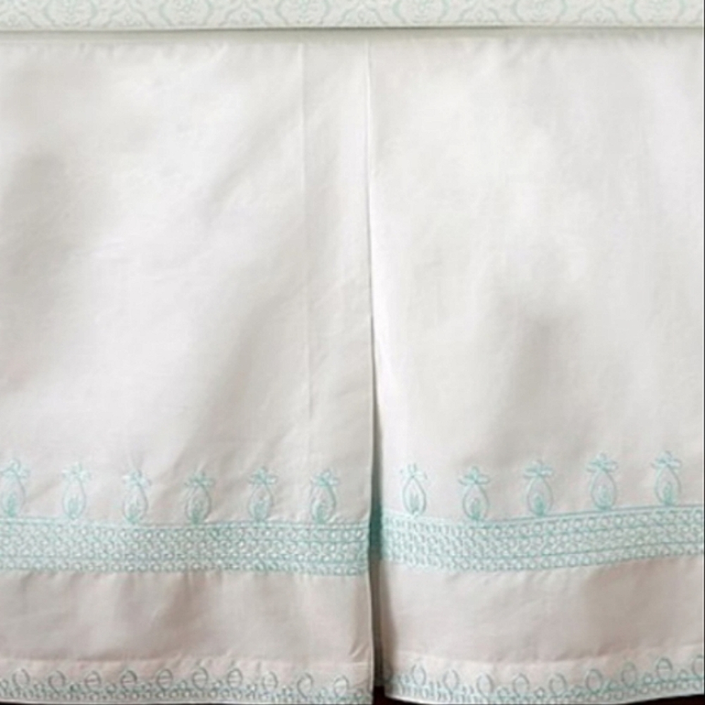 Pottery Barn Kids Alma Boho Crib Skirt white w/ Aqua Embroidery